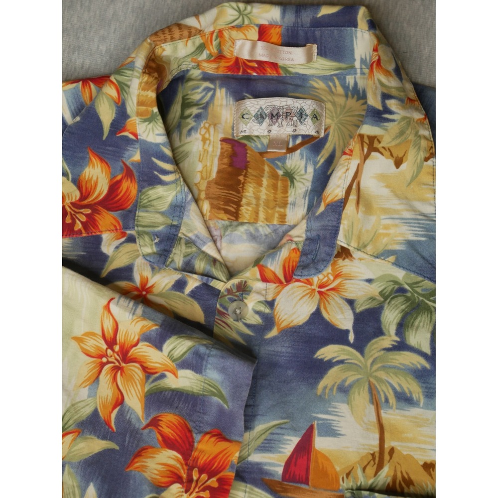Campia Moda Mens XL Hawaiian Shirt Blue Tropical Hibiscus Palm Tree Cotton XL
